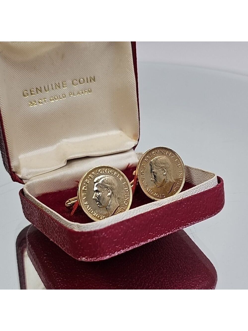 22CT GOLD Plated Cufflinks Pair Farthering Genuine Coin Jewlery UK 1943/45